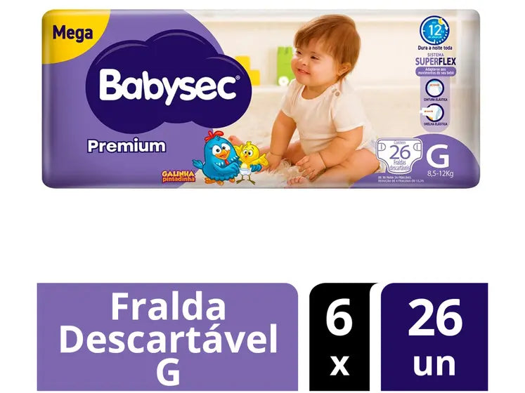 Fralda Babysec Premium Galinha Pintadinha - 8,5 a 12kg 6 Pacotes com 26 Unidades Cada