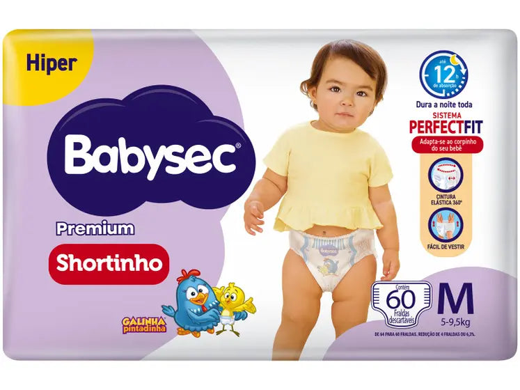 Fralda Shortinho BabySec Premium Galinha Pintadinha  5 a 9,5kg 60 Unidades