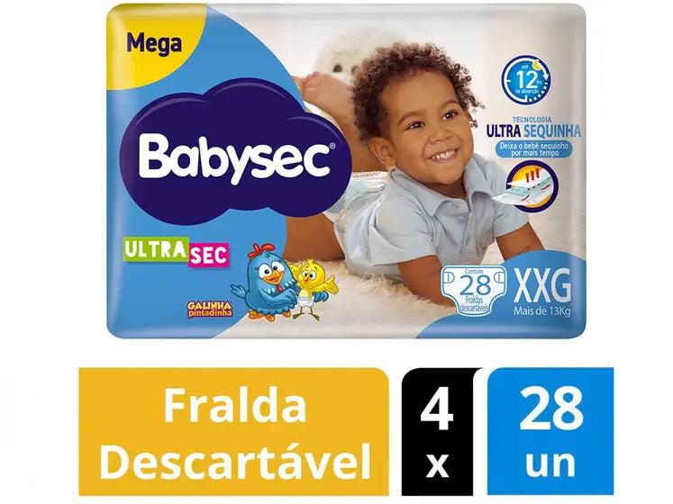 Kit Fraldas Babysec Ultrasec Galinha Pintadinha - A partir de 13kg 4 Pacotes 28 Unid. Cada